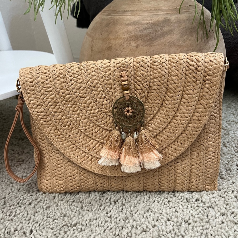 Elegant Tan Woven Clutch with Tassel Charm